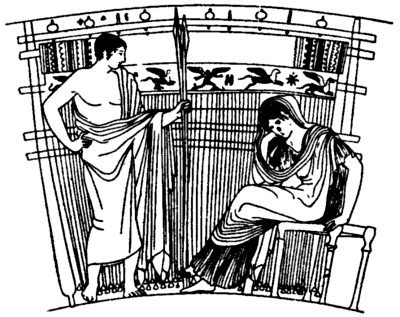 Illustration of Penelope at her loom, on a skyphos from Athens, found in an Etruscan tomb at Chiusi, From: Monumenti d. Inst. Archeologico, IX., pl. xlii.