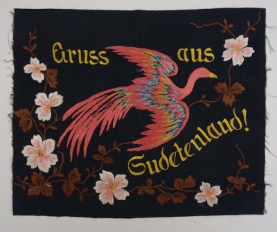 Embroidered panel with the text 'Gruss aus Sudetenland'. Sudetenland was occupied by Nazi Germany in October 1938.