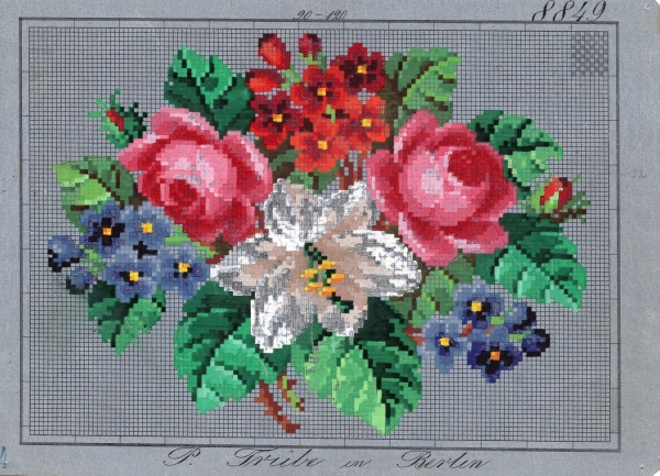 Berlin work chart with a bouquet of flowers ,including roses, lilies, pansies and primroses (Germany, 1840s - 1850s).