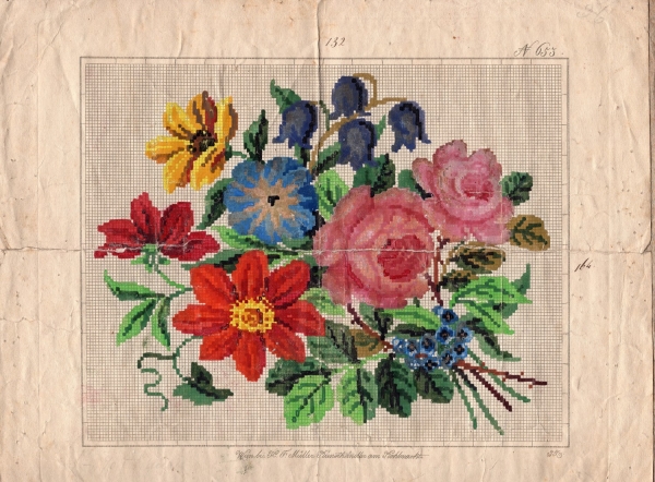 Berlin work chart with a design of a bouquet of flowers, including roses, violets, bluebells and columbines.