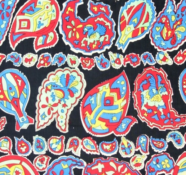 Printed cloth sample with paisley motifs, European, 1940's.