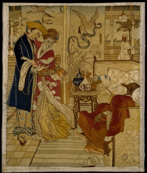 Embroidered picture, with a design taken from Walter Crane's 'Aladdin'. England, made between 1870-1899.