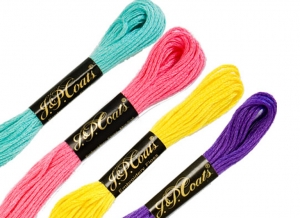 Skeins of 6-stranded embroidery threads, made by the firm of J. &amp; P. Coats.