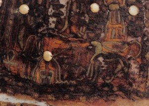Detail of an appliqu&eacute; and embroidered panel, from a linen garment found in the tomb of Tutankhamun, early 14th century BC.
