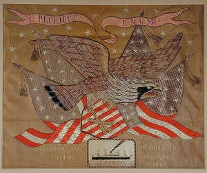 Commemorative embroidery, marking the world voyage of the Great White Fleet. c. 1908.