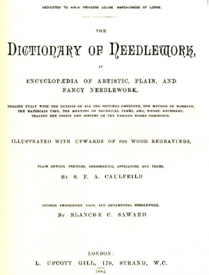 Title page of Sophia Caulfeild's Dictionary of Needlework, first published in 1882.