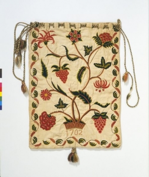 Embroidered workbag, crewel wool on linen and cotton ground, English, 1702.