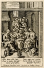A print depicting the Virgin Mary and friends embroidering (Flemish; early 17th century).