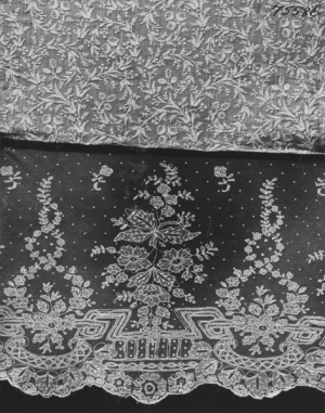 Detail of a peasant's cap, France, with tambour work on  muslin and (below) on net. Early 19th  century.