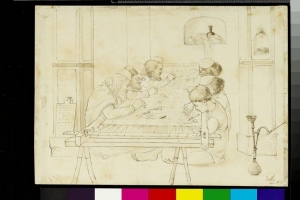 Six men working at an embroidery frame. Drawing made by John Lockwood Kipling, Delhi, c. 1870.