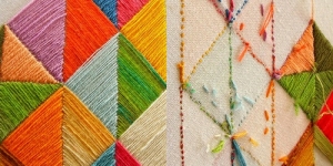 Satin stitch and surface satin stitch to the left, and the reverse side of the cloth to the right.