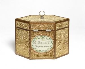 Embroidered tea caddy, c. 1820, England.