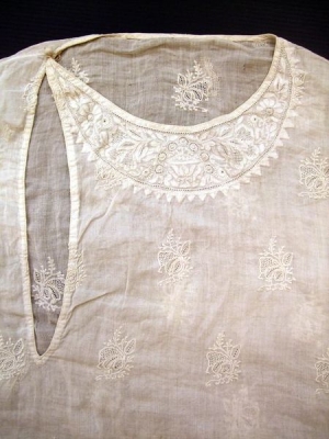 Cotton kurta (jacket) with cotton chikan embroidery under the neck opening. Lucknow, c. 1900
