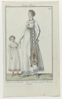 Fashion drawing of a Lady carrying a decorated balantine handbag, late eighteenth century.