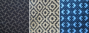 Sashiko and sashiko forms. From left to right: moyouzashi sashiko, hitomezashi sashiko, and kogin zashi.