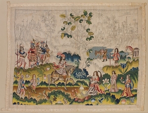 Embroidered picture: David and Abigail. England, mid-17th century.