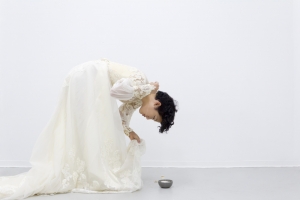 Aram Han wearing her Grain of Truth dress (in the making).
