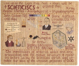 Panel D10 of the Quaker tapestry, showing three famous Quaker scientists.