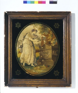 Fame at the tomb of Shakespeare. Embroidered picture, late 18th century, England.