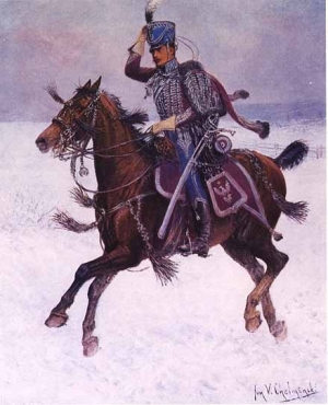 Depiction of a Hussar officer of the Duchy of Warsaw in 1807, clearly showing his sabretache.