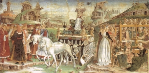 Francesco del Cossa's Triumph of Minerva. Fresco, late 15th century, in the Palazzo Schifanoia, Ferrara, Italy.