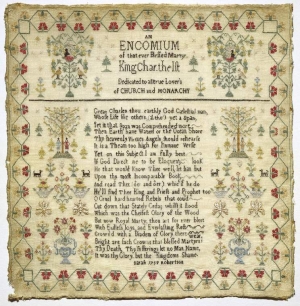Commemorative sampler, dedicated to King Charles I of England, made by Sarah Robertson, 1759.
