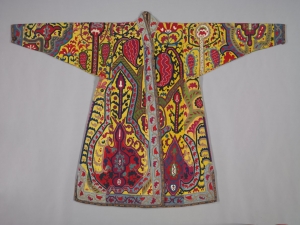 Man's coat from Uzbekistan, silk thread embroidery on a cotton ground, late 19th century, probably from Shahr-i Sabz.