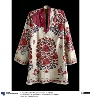 An embroidered woman's shirt from Xinjiang, China, c. AD 1900.