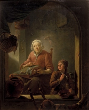 'A Lacemaker, with a Boy Blowing Bubbles,' by the Dutch master, Louis de Moni, 1742.