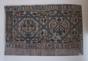 Embroidered bed valance from Iceland, 17th century. Embroidered with glitsaumur technique.