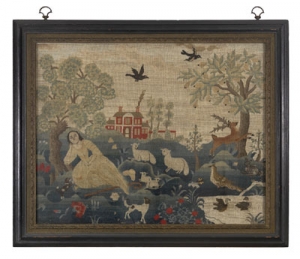 Embroidered picture of a reclining shepherdess, by Esther Stoddard, Northampton, USA, mid-18th century.