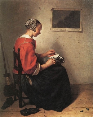 The Lacemaker, by Caspar (Gaspar) Netscher (1639-1684), dated 1662.