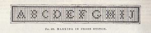 A sample of marking with ingrain red cotton (Caulfeild and Saward, The Dictionary of Needlework: an Encyclop&aelig;dia of Artistic, Plain, and Fancy Needlework (Vol. IV), London, 1882.