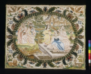Embroidered picture 'Susannah and the Elders', England, c. 1660.