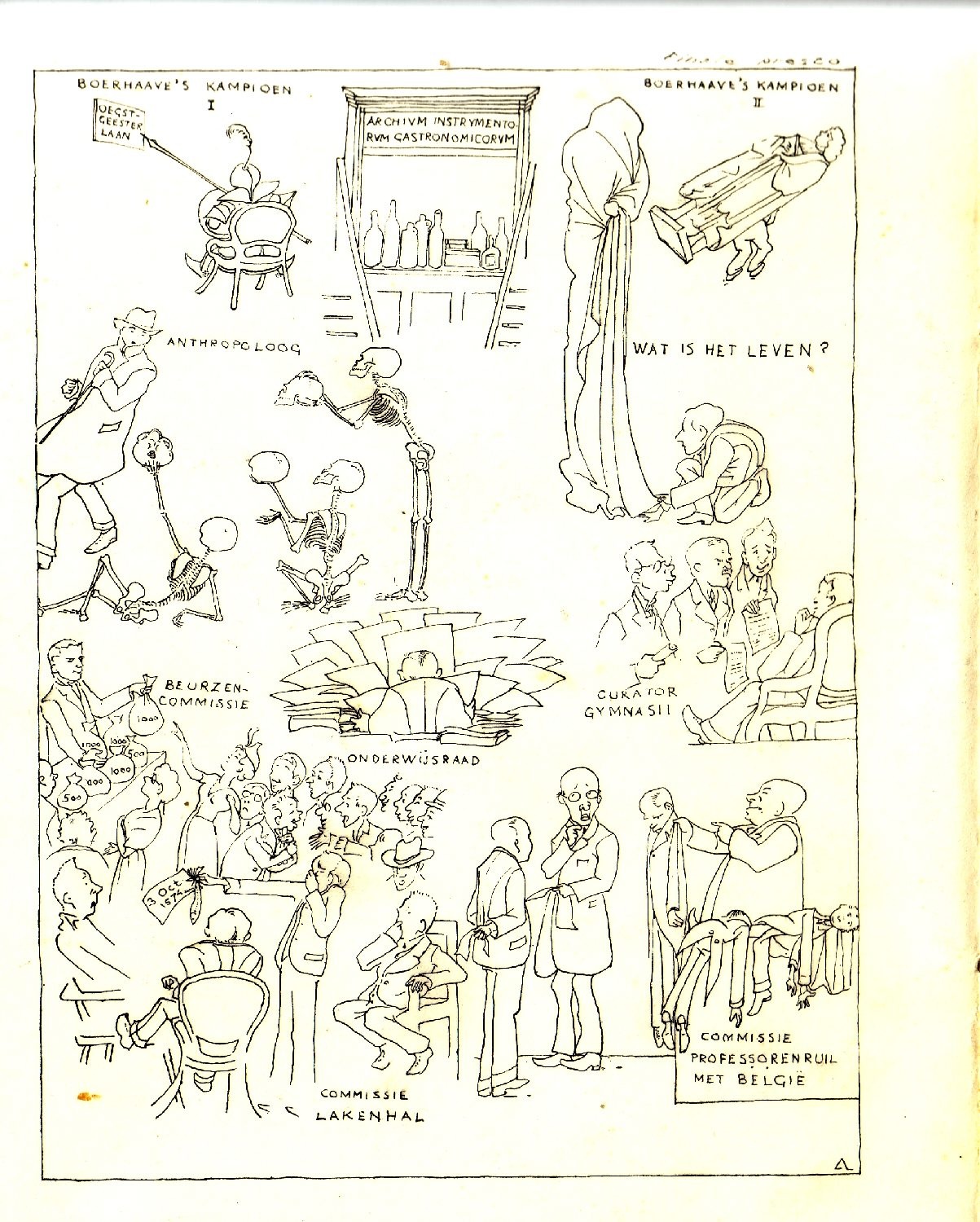 Fig. 10. Drawing made by Professor Johan Huizinga for his friend, Tom Barge, at that time the Chancellor of Leiden University, on the occasion of the Dies Natalis diner on 8 February 1938. It illustrates the various roles and functions of Prof. Barge, including his campaign to replace Boerhaave's statue and to rename the Oegstgeesterlaan to Boerhaavelaan.