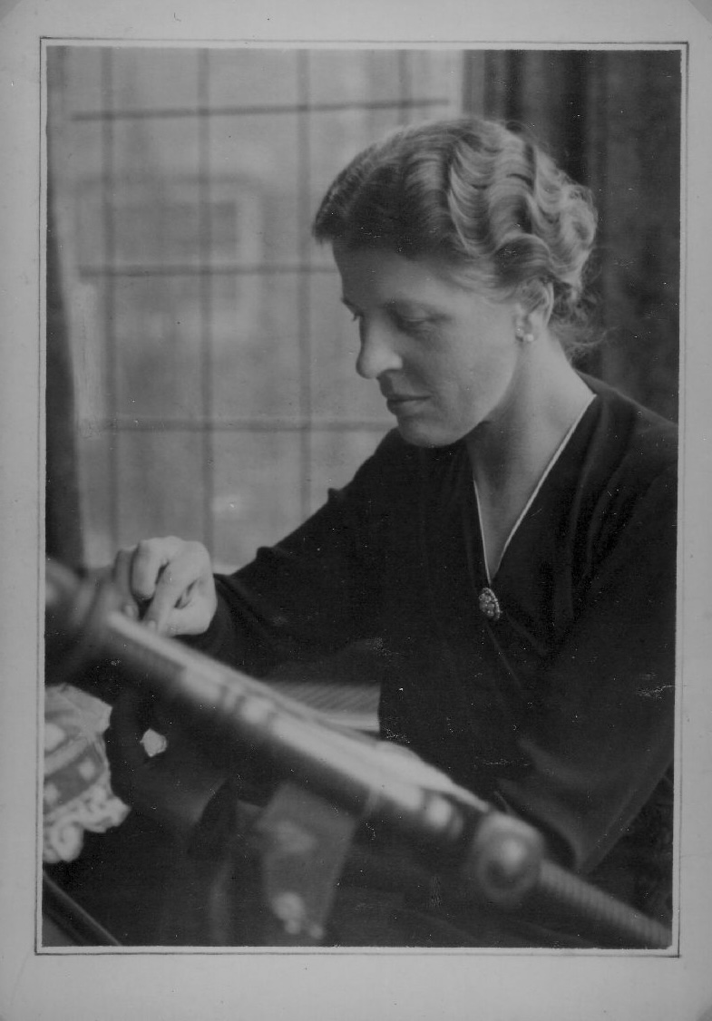 Fig. 4. Thérèse Barge-Dreesmann in c. 1939, working on an embroidery frame which is still kept in the house and has recently been cleaned and waxed.