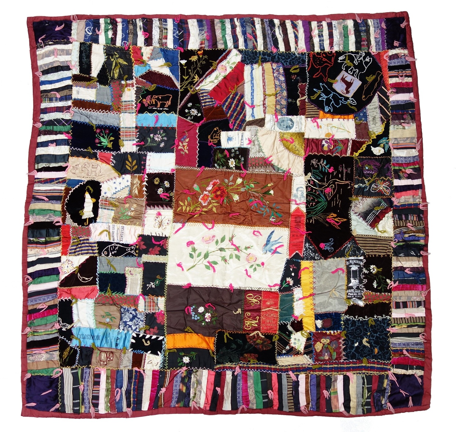 Crazy quilt made from a variety of materials, as well as embroidered panels, painted panels and ribbons from various Republican political rallies. USA, 1890s (TRC 2019.2925).