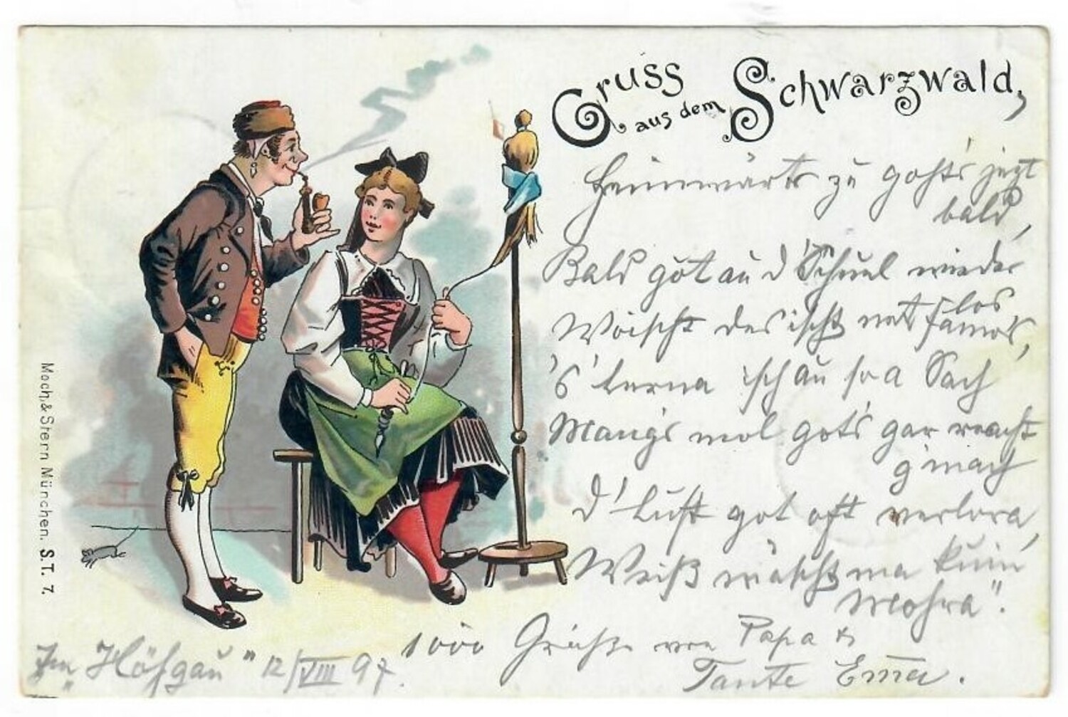 Postcard from Schwarzwald, Germany, 1897, depicting a man and woman in local dress (TRC 2020.4241).
