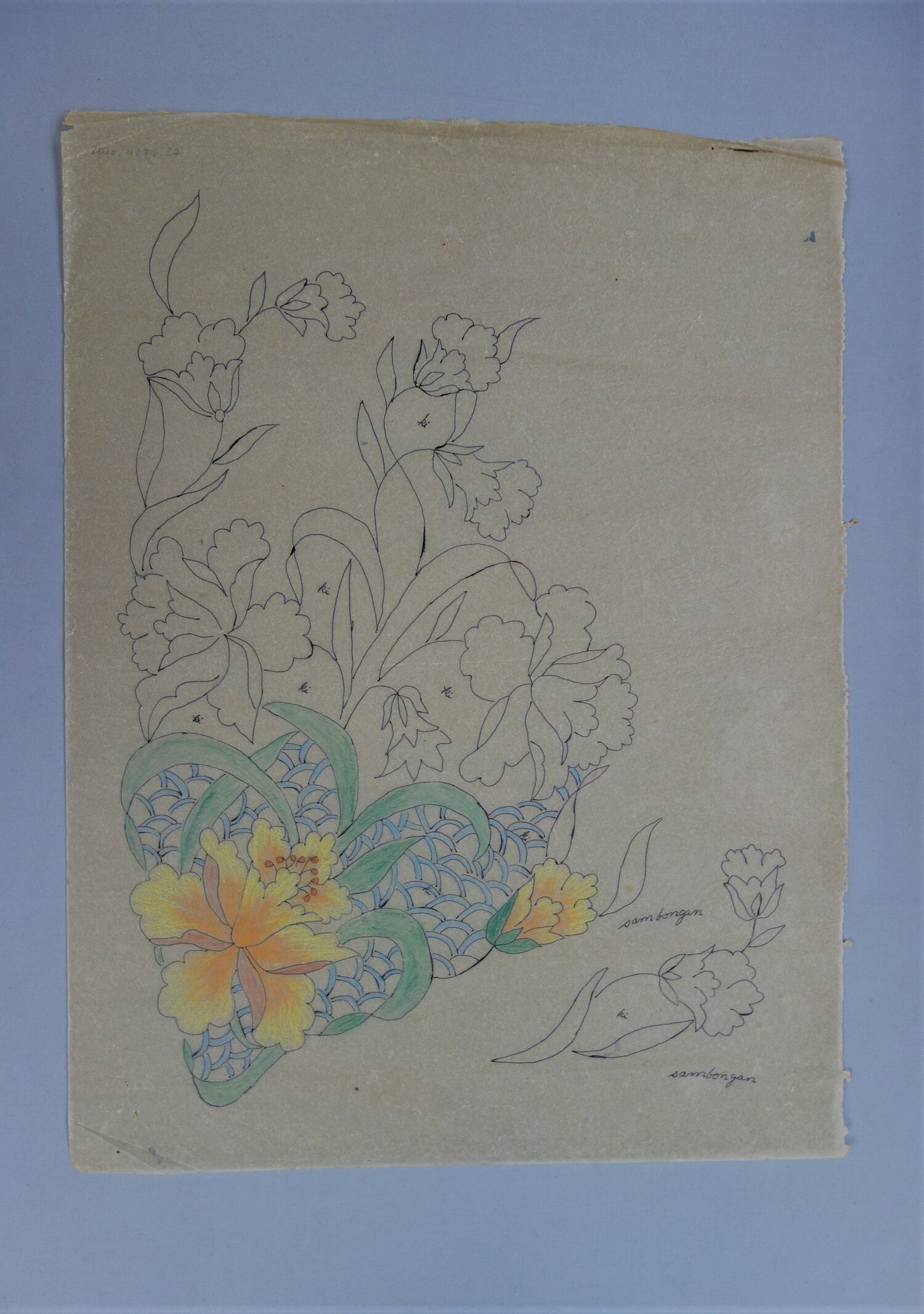 Paper embroidery pattern for a woman's kebaya from the Peranakan Chinese, late 20th century (TRC 2020.4874.037).