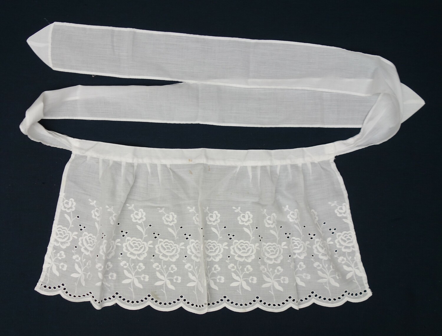 Fig. 6. A decorative, and symbolic waitress's apron from Switzerland, with a line of small stylised flowers above a row of large flowers  (TRC 2020.4899).