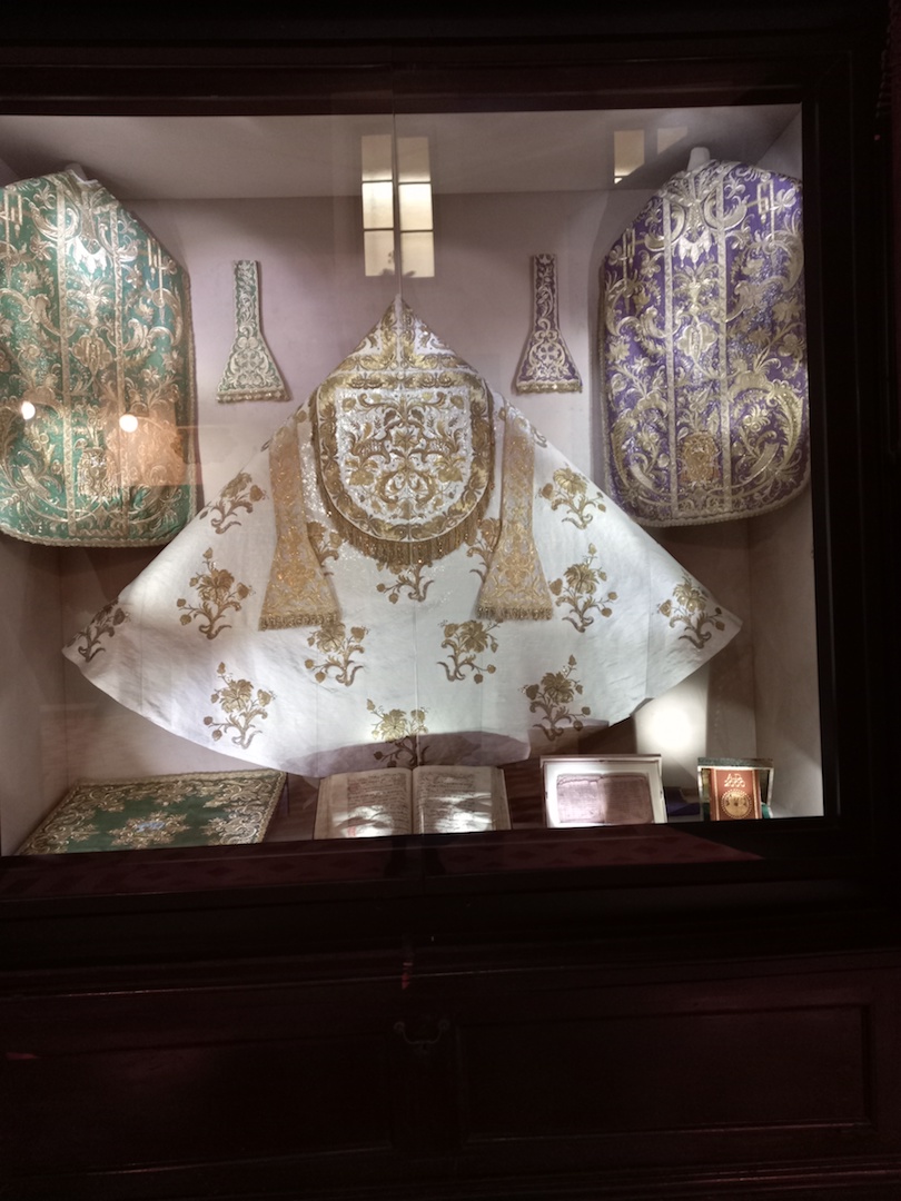 Liturgical garments (including a cope) from the upstairs wardrobe in the Basilica di Santa Maria Maggiore, Rome.