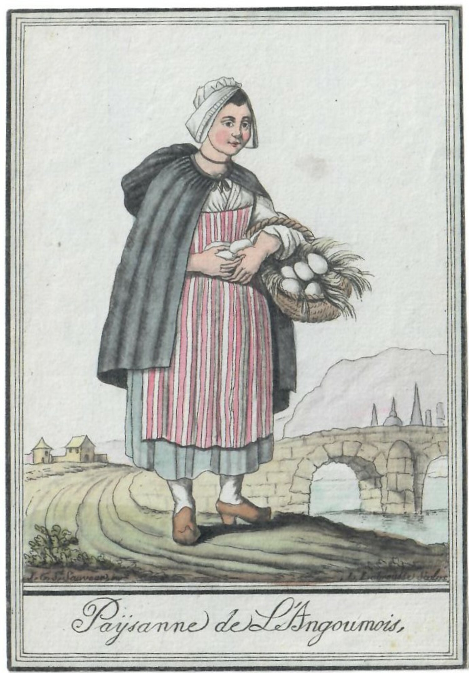 Paysanne de l'Angoumois (Southwest France), wearing clogs. Costume print, France, late 18th century (TRC 2023.0388).