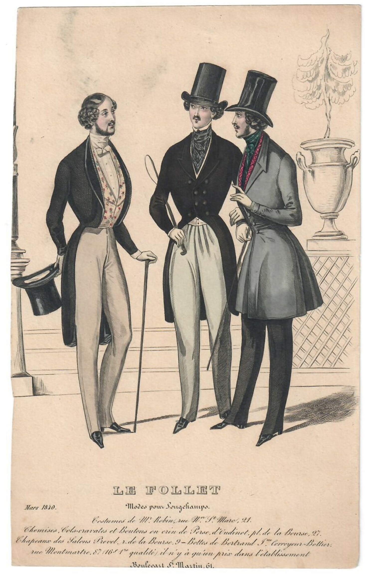 French print from 1840 depicting three fashionable men in daily, riding and evening wear (TRC 2023.1497).