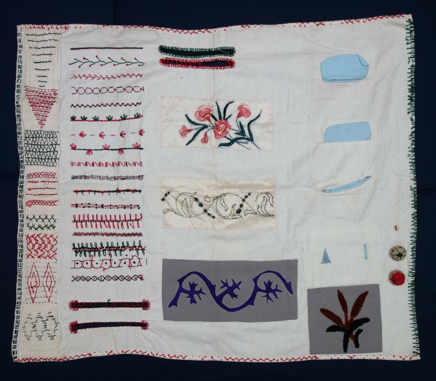 Large sampler with a variety of stitches and techniques including embroidery, smocking, beading, mending, needle lace, embroidered buttons, applique, etc. The Netherlands, 20th century (TRC 2024.0197).