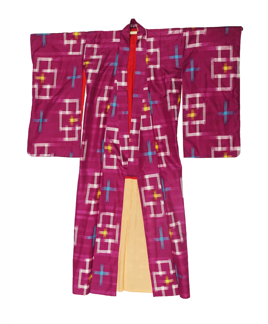 Recently acquired 20th century Japanese kimono with ikat patterns (TRC 2024.1477).