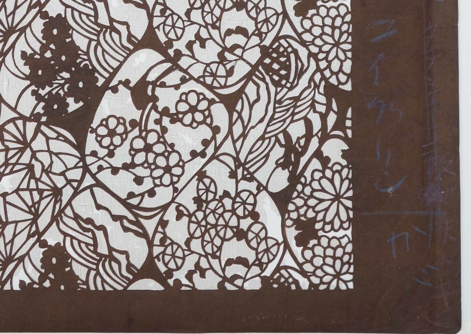 Detail of stencil with a large pattern of roughly oval shapes enclosing stylised floral and abstract motifs of various types. The other side of the stencil has been strengthened with an open weave silk cloth. Japan, 20th century (TRC 2024.2057).