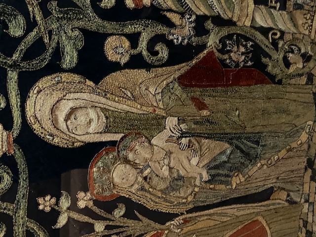 Detail of late medieval embroidered antependium, Holy Virgin with Child. Photograph by Willem Vogelsang.