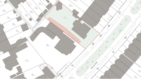 Tekening van perceel Boerhaavelaan 6. De Annex wordt links van het woonhuis geplaatst (aangegeven in licht bruin). Tekening: Carl Greveling, CGA Rotterdam).
