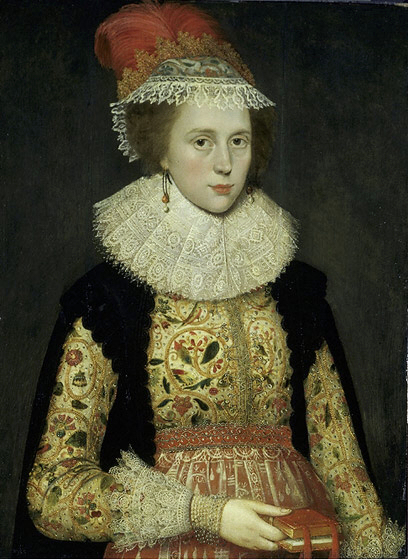 Oil painting of Margaret Layton with a detailed display of her garments, by Marcus Gheeraerds, c. 1620. Victoria and Albert Museum, London, T.228-1994. Open domain.