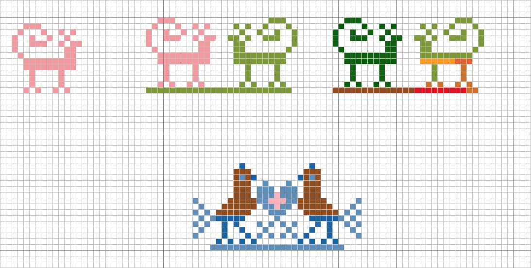 Some animal and bird motifs worked in Berlin wool work school samplers of the late 19th century.